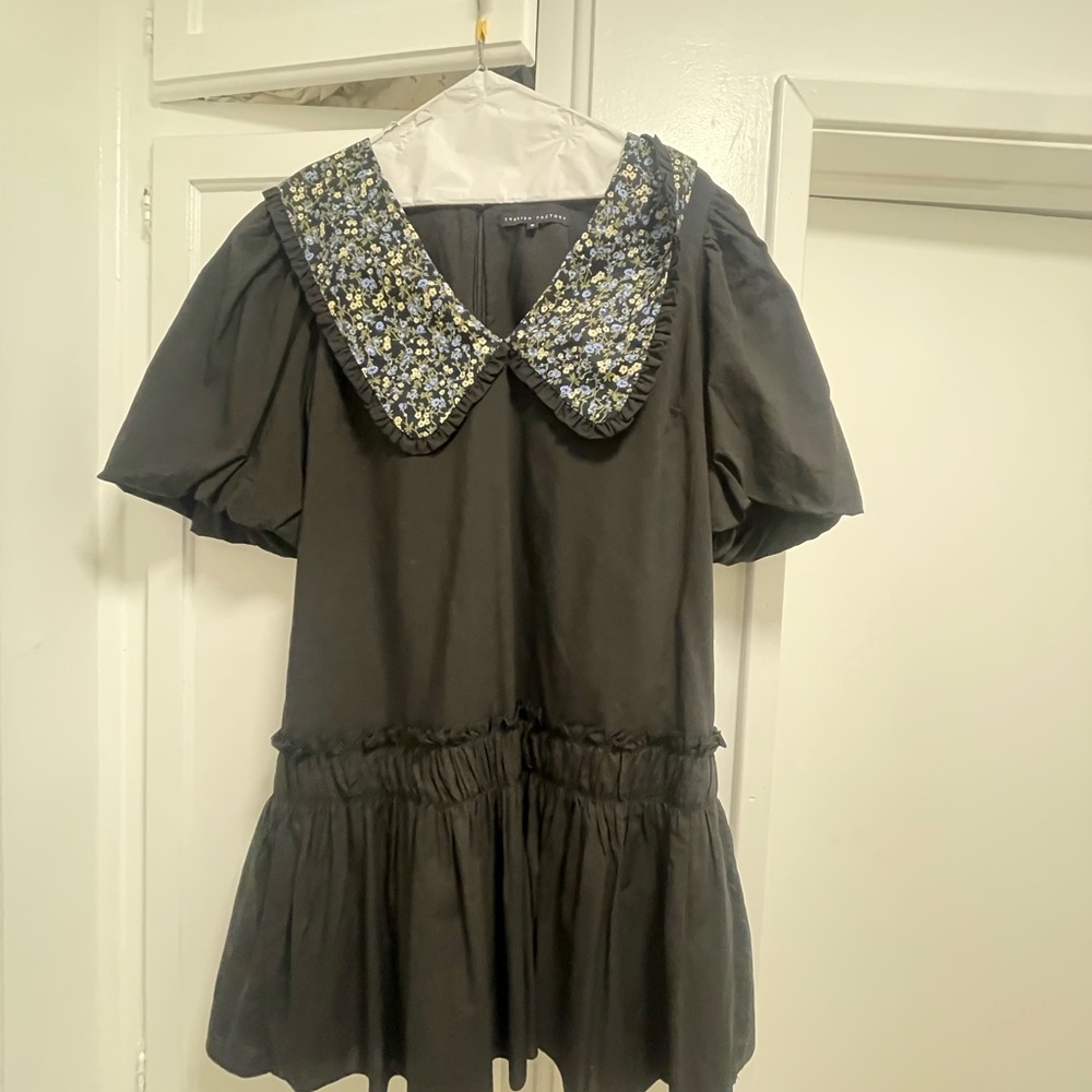 English Factory Black Dress with Blue and Yellow Floral Accents